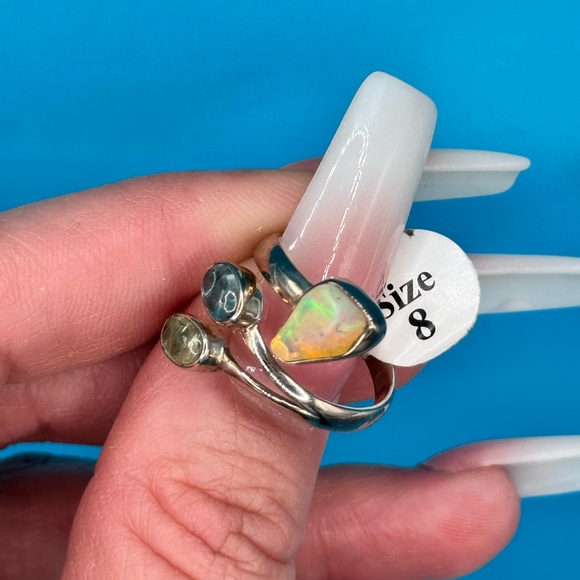 Ethiopian Opal With Blue & Green Kyanite 3- Natural Stone 925 Ring 😍 Sz. 8 - Picture 4 of 5